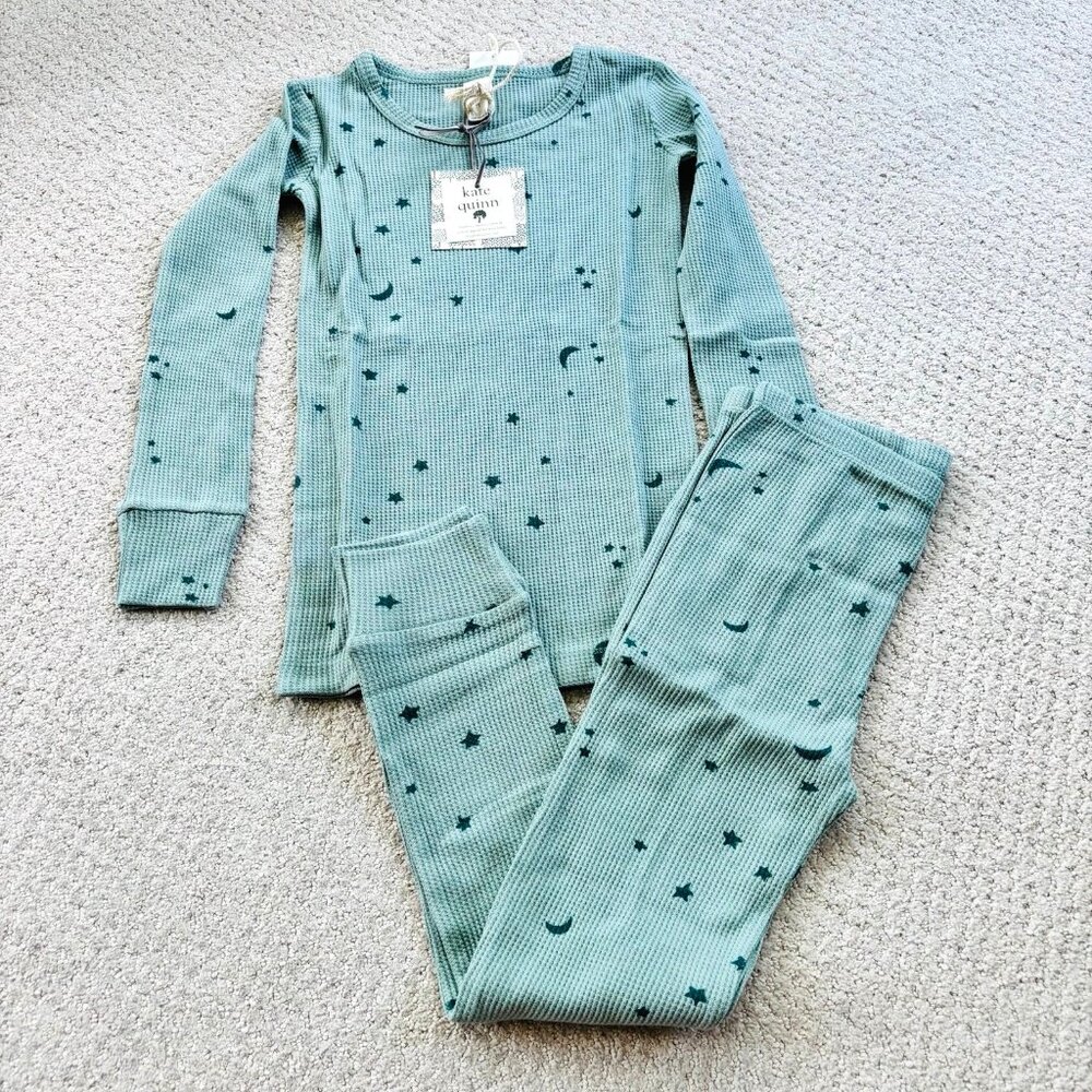 Kate Quinn organic cotton waffle green stars pajama set